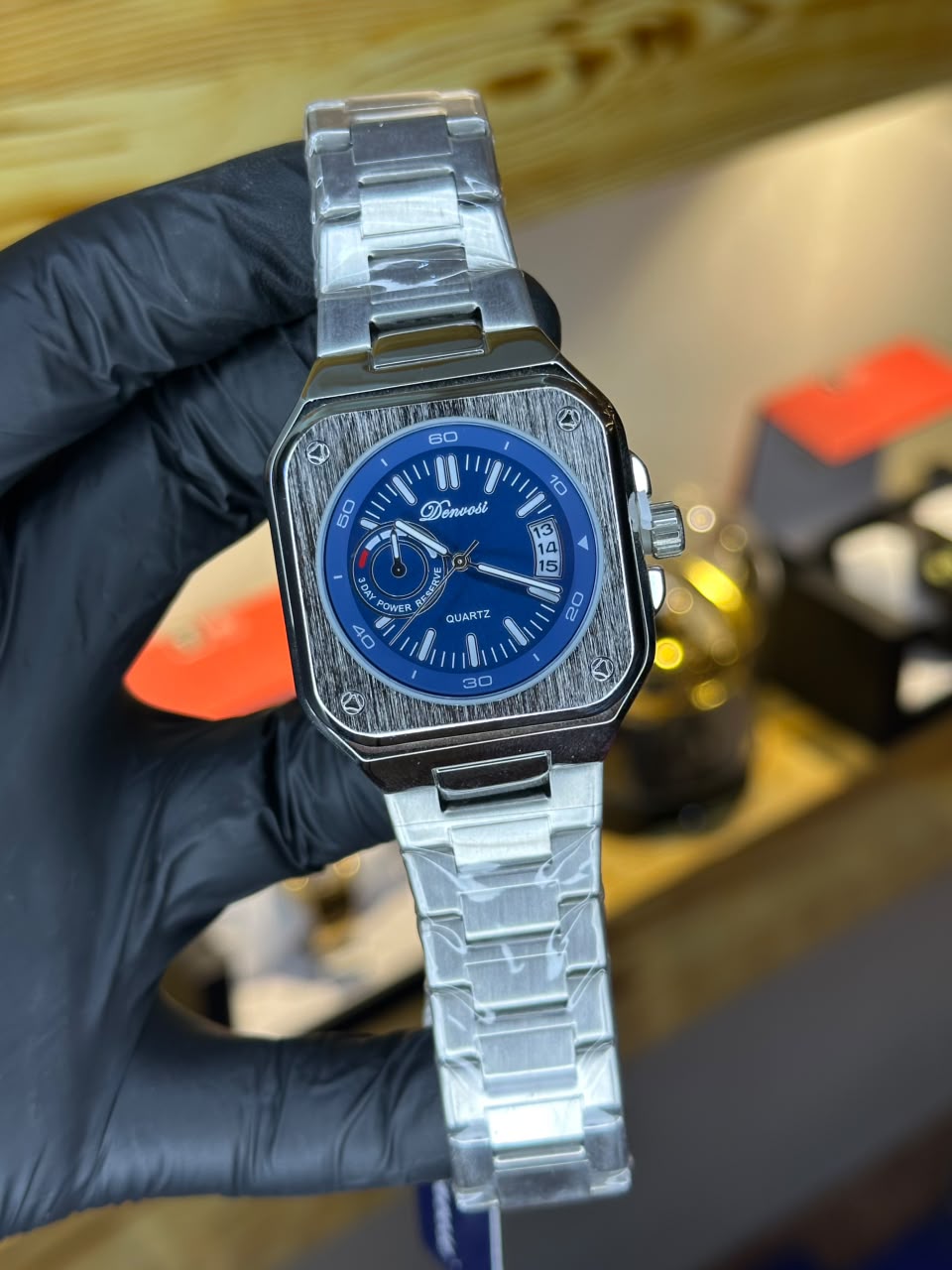 Denvost square watch, silver with blue dial