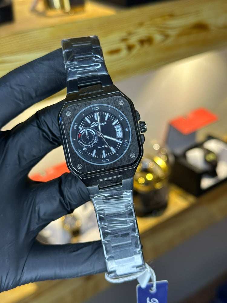 Denvost square watch, all black with black dial