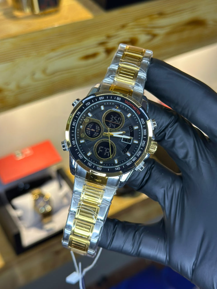 LEOPARD chronograph watch, black dial, two-tone bracelet