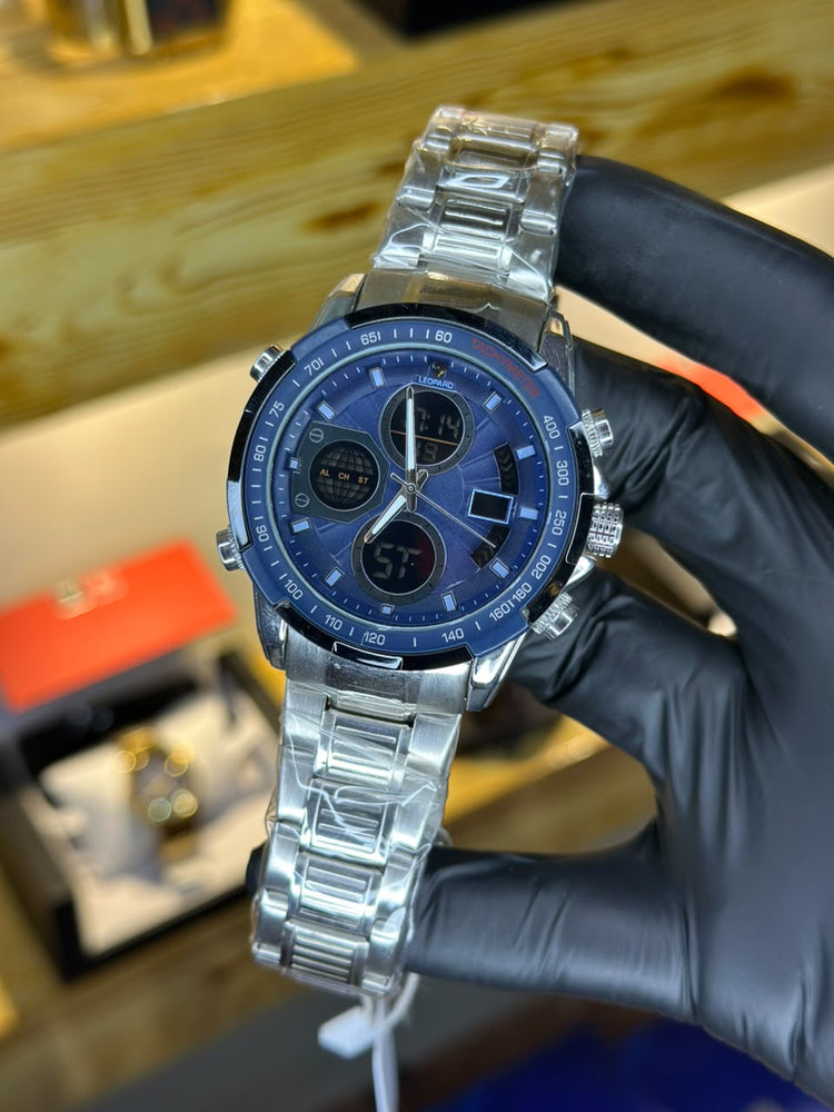 LEOPARD chronograph watch, blue dial, silver bracelet